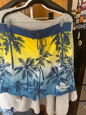 Corona Extra Blue & Yellow Hawaiian Palm Swim Shorts - Men's Large